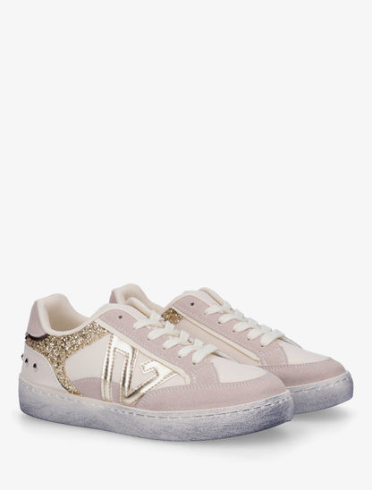 Sneakers à bande pailletée et contrefort clouté - Beige - 4