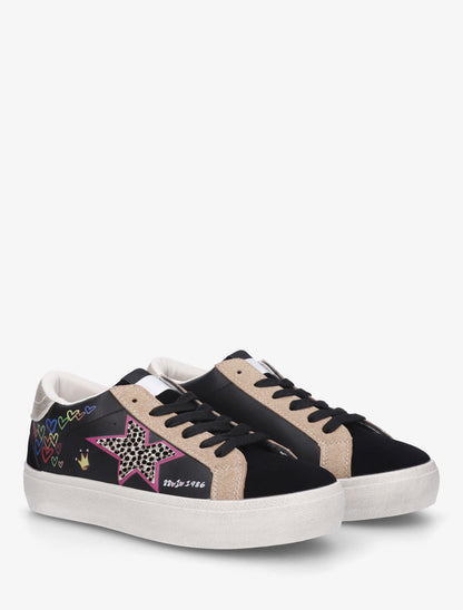 Sneakers floqués à semelle effet vintage - Noir - 4