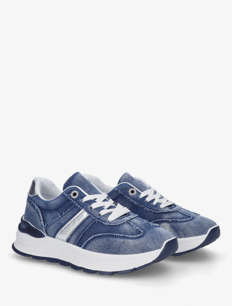 Sneakers en jean à bande et contrefort contrastant - Bleu denim - 4