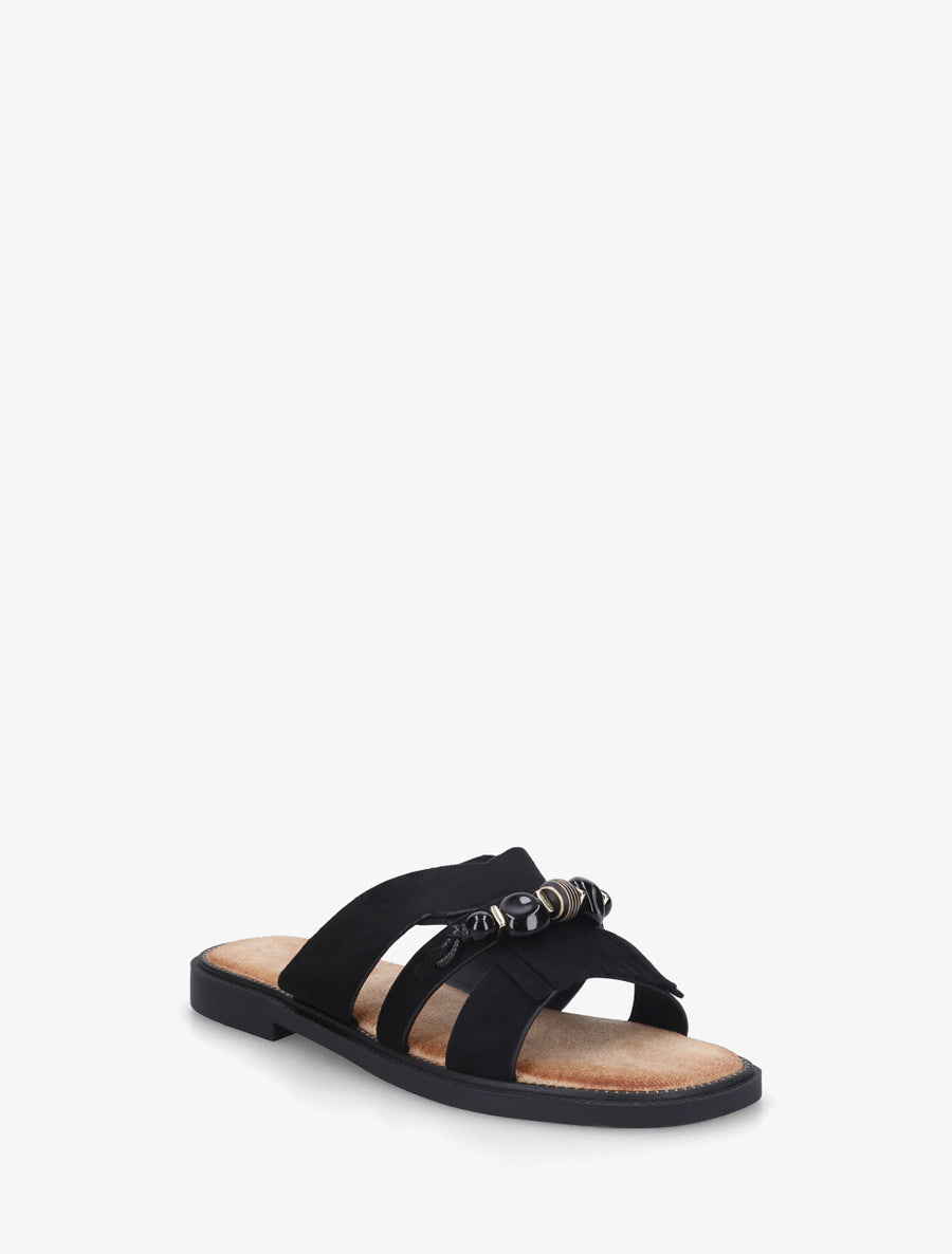 Mules en suédine à franges et perles - Noir - 2