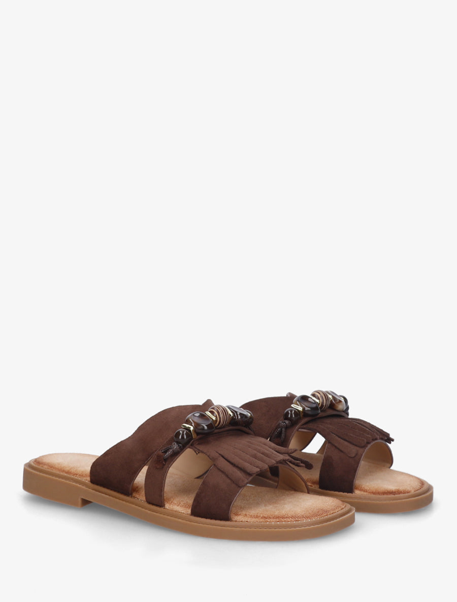 Mules en suédine à franges et perles - Marron - 4