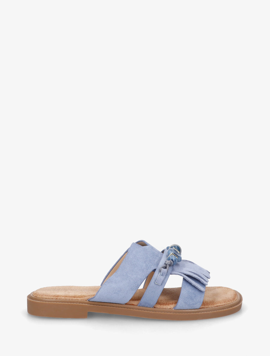 Mules en suédine à franges et perles - Bleu - 1