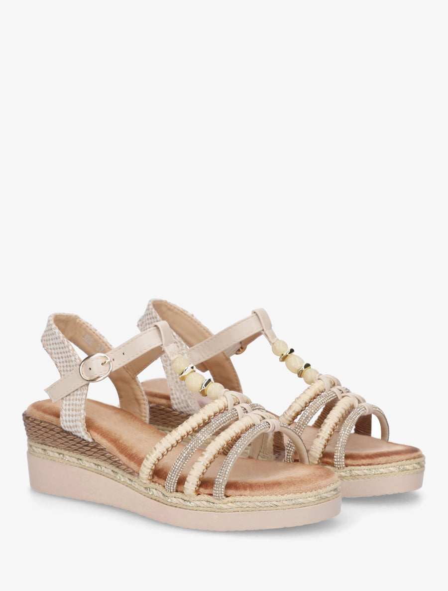 Sandales à brides tressées et strassées - Beige - 4