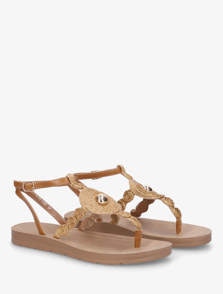 Nu-pieds à empiècement effet raphia - Camel - 4
