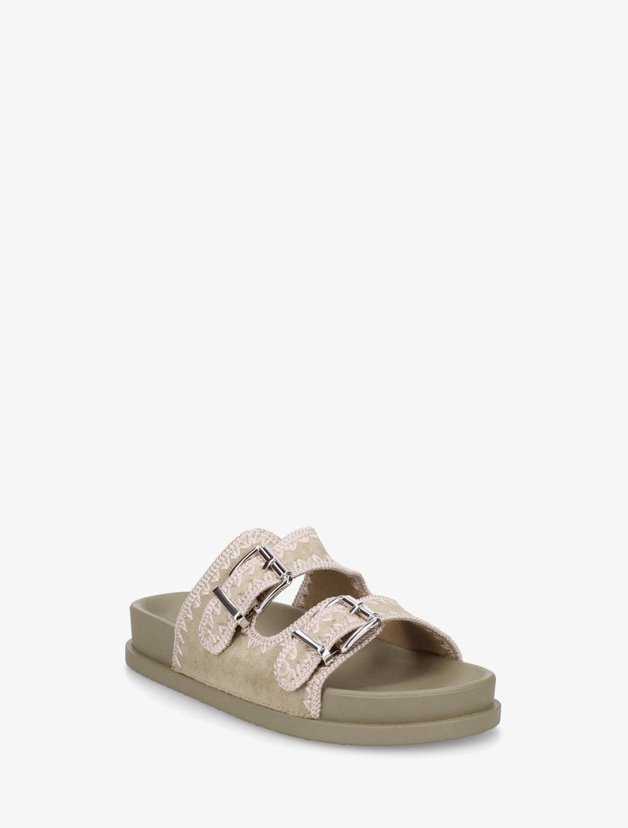 Claquettes à double boucles en suédine et broderies - Kaki - 2