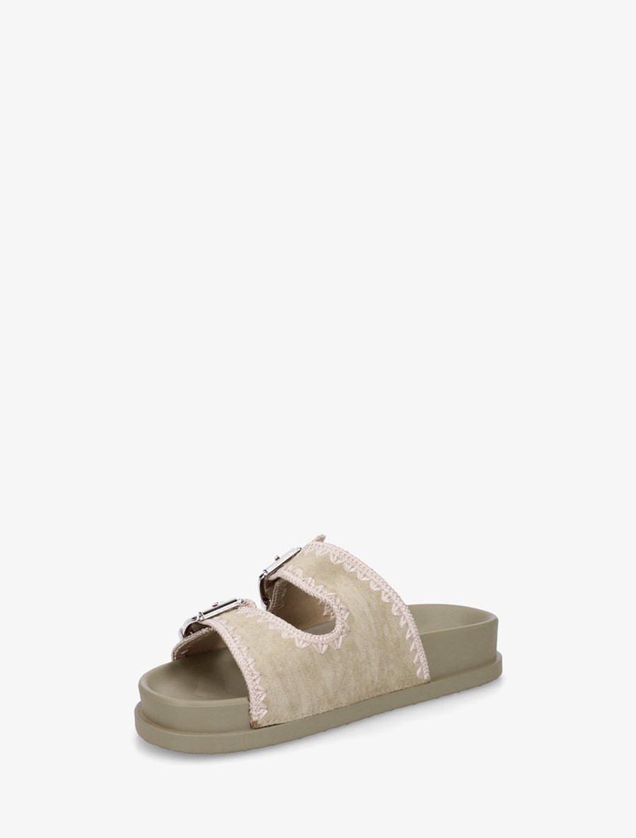 Claquettes à double boucles en suédine et broderies - Kaki - 3