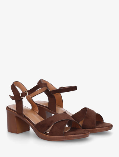 Sandales croisées en suédine à talon carré - Marron - 4