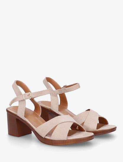 Sandales croisées en suédine à talon carré - Beige - 4