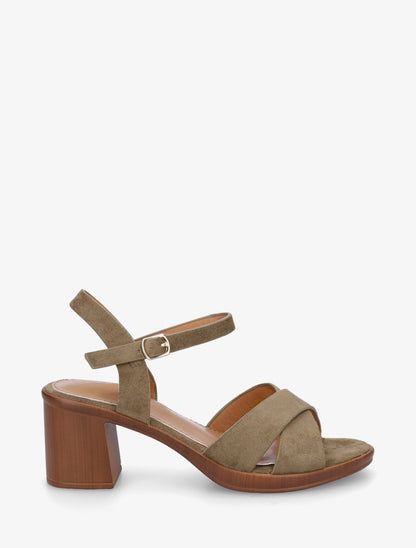 Sandales croisées en suédine à talon carré - Kaki - 1