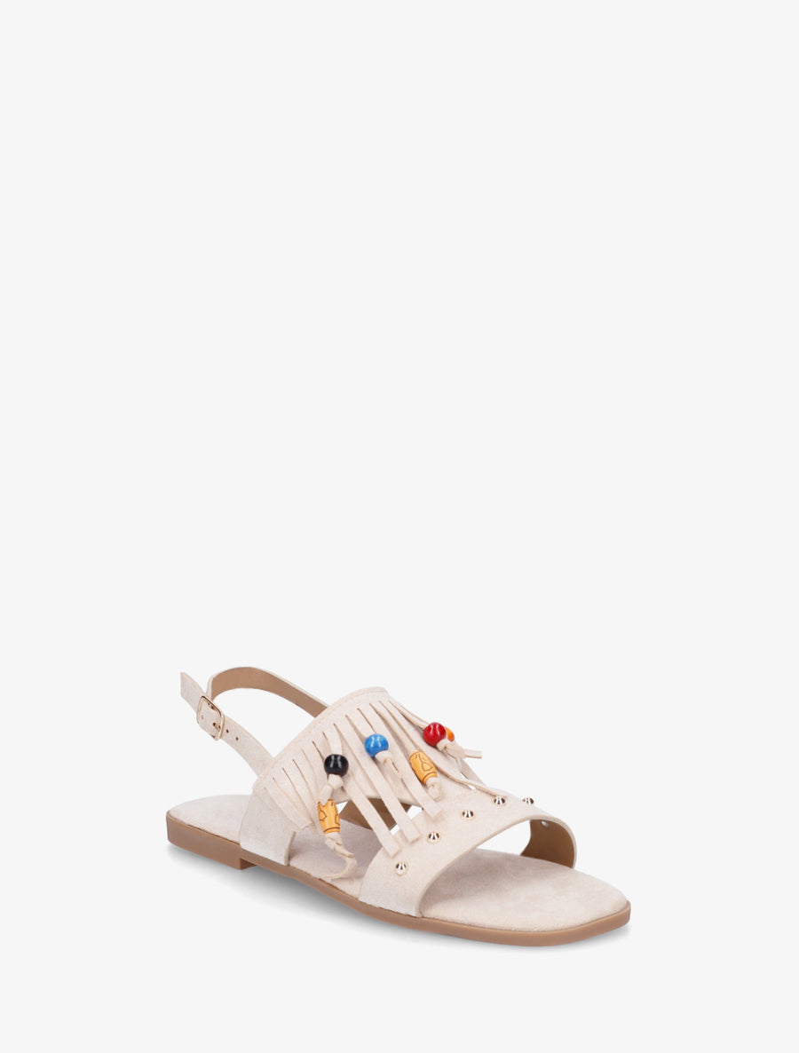 Sandales en suédine à franges et perles de bois - Beige - 2