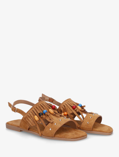 Sandales en suédine à franges et perles de bois - Camel - 4