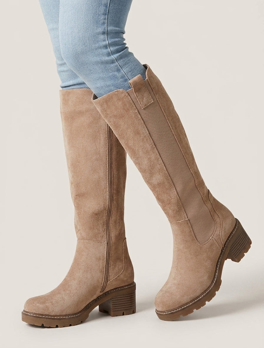 Bottes suédine à talon cranté - Taupe