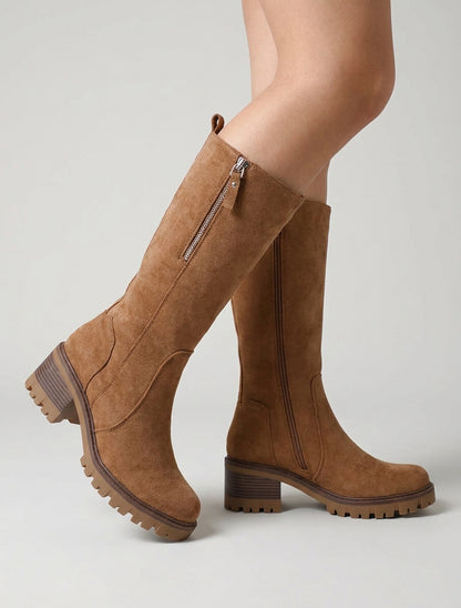 Bottines suédine talon bloc cranté - Camel