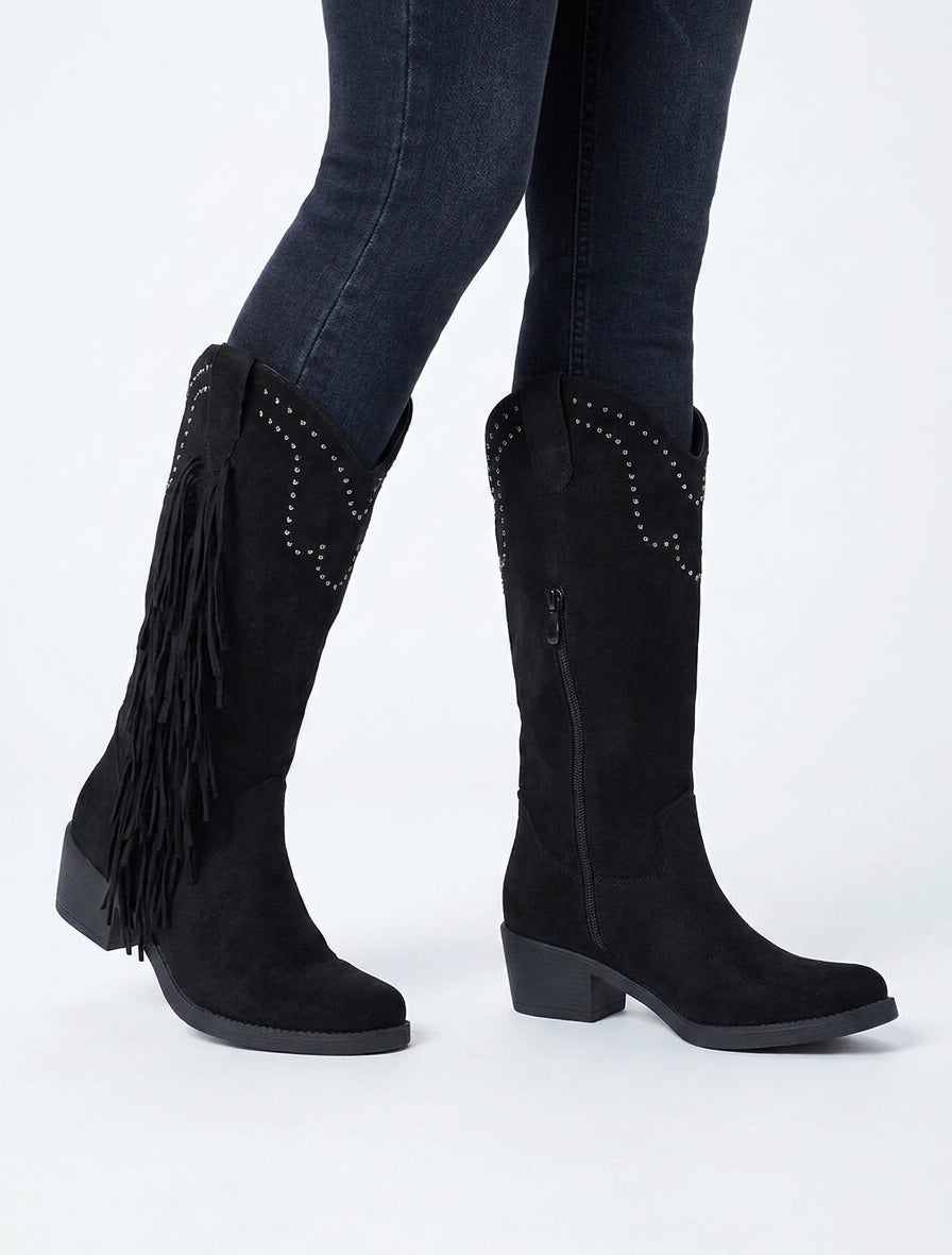 Bottines santiag suédine à franges - Noir