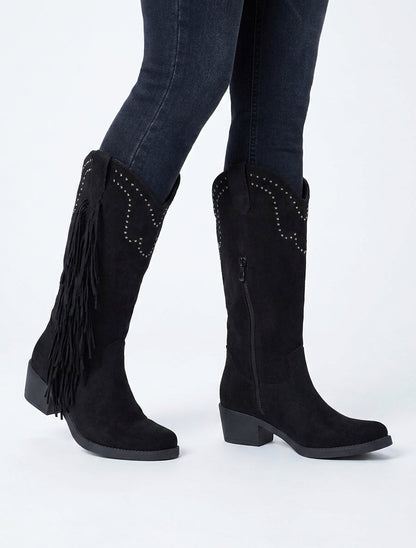 Bottines santiag suédine à franges - Noir