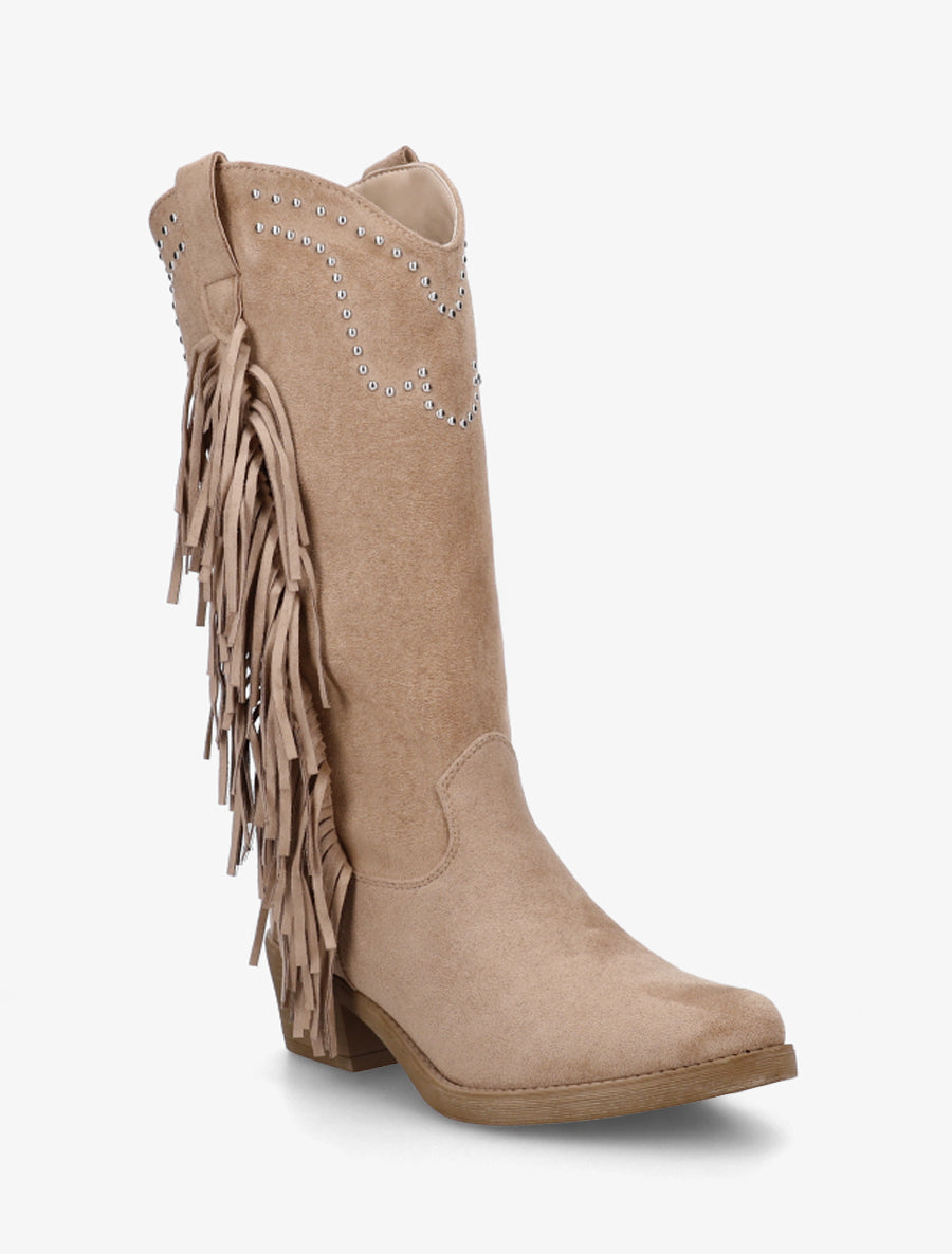 Bottines montantes en suédine à franges et clous - Taupe - 2