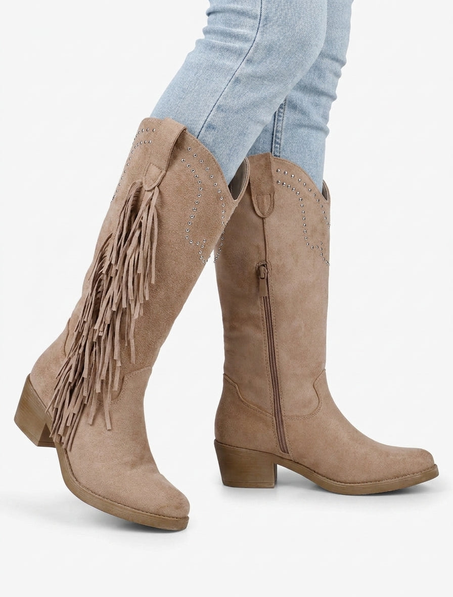 Bottines santiag suédine à franges - Taupe