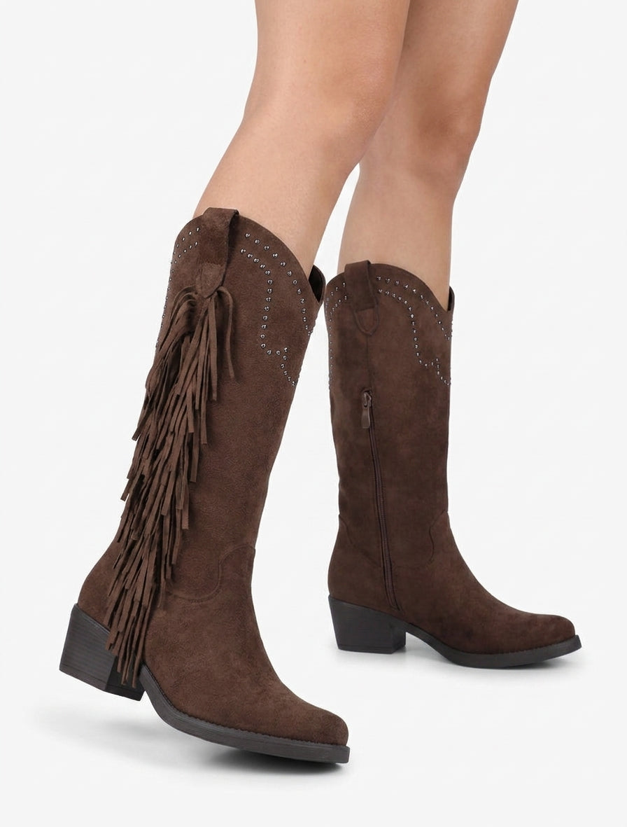 Bottines santiag à franges et clous - Marron clair