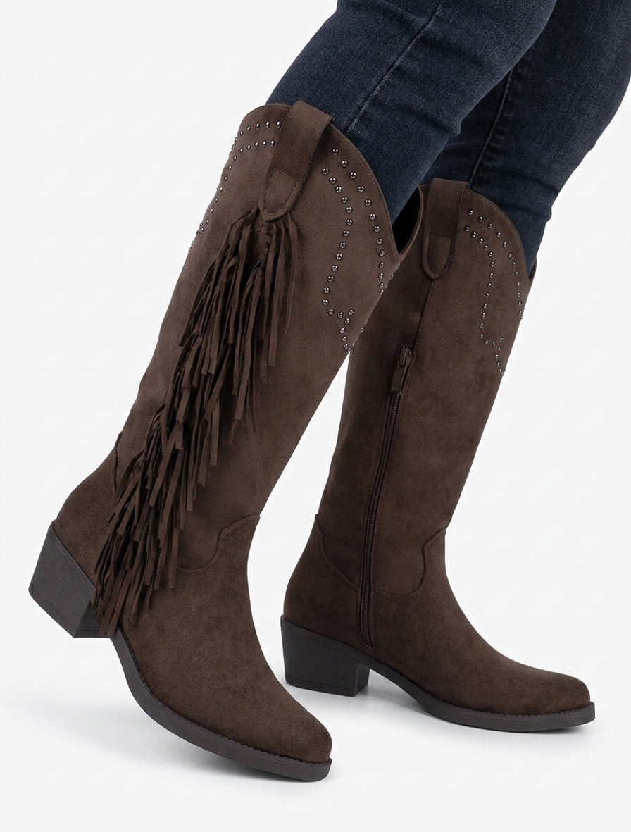 Bottines santiag à franges et clous - Marron