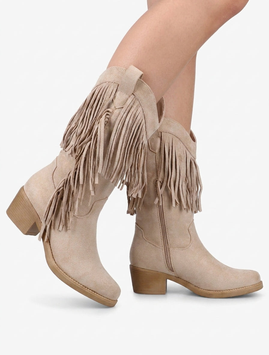Bottines santiags franges suédine - Beige