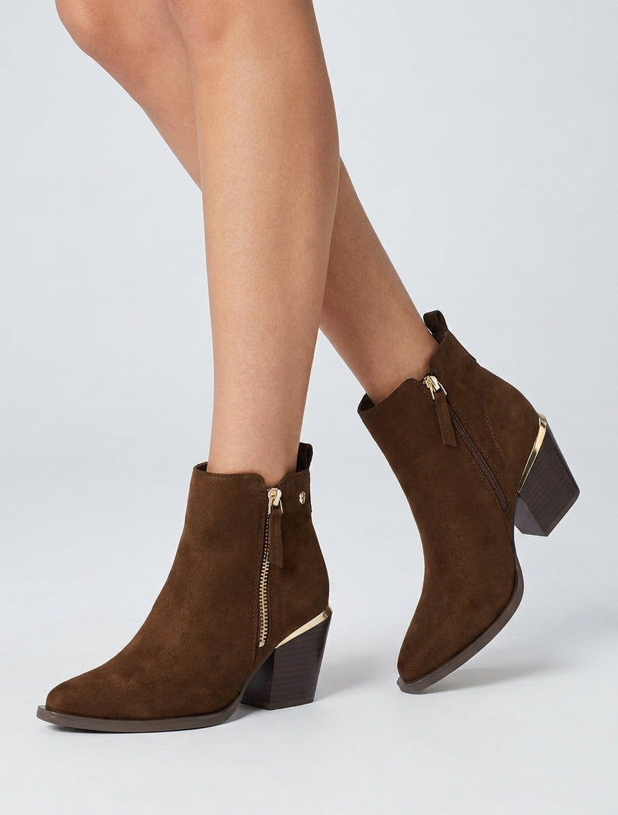 Bottines suédine talon botte bout pointu - Marron