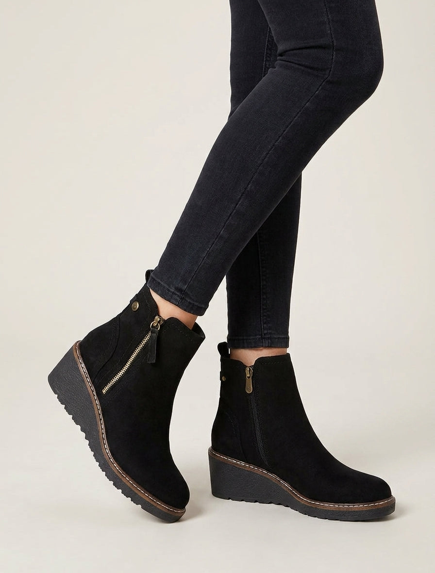 Bottines suédine talon compensé et zip - Noir