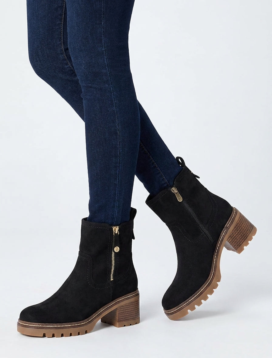 Bottines suédine talon bloc cranté - Noir