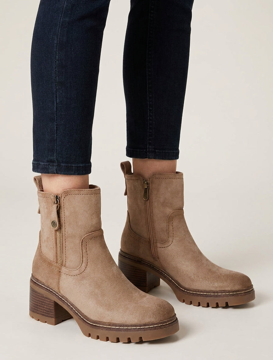 Bottines suédine talon bloc cranté - Taupe