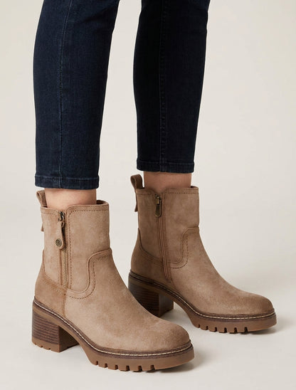 Bottines suédine talon bloc cranté - Taupe
