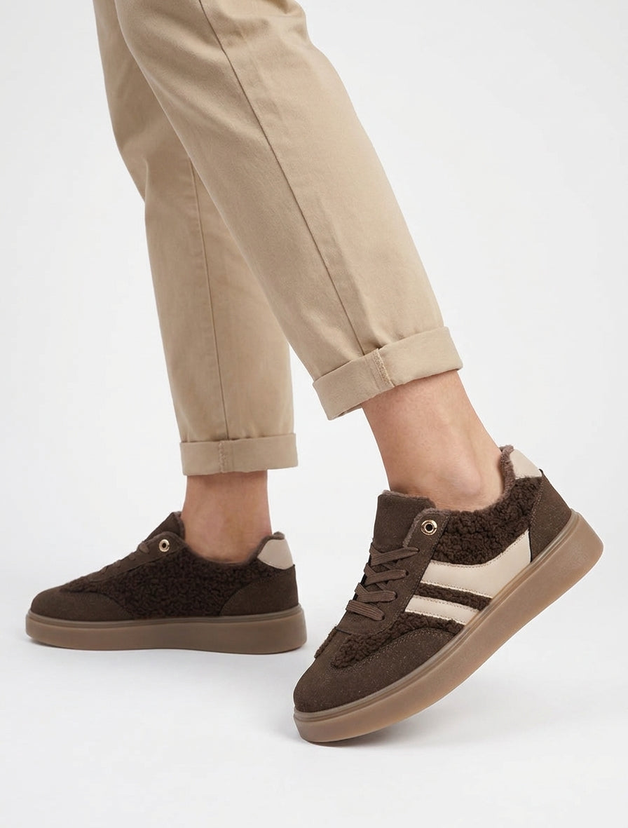 Baskets basses effet laine bouclée - Marron