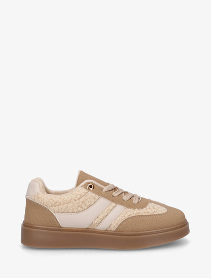 Baskets basses à empiècement effet laine bouclée - Taupe - 1