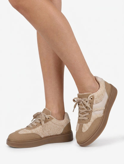 Baskets basses effet laine bouclée - Taupe