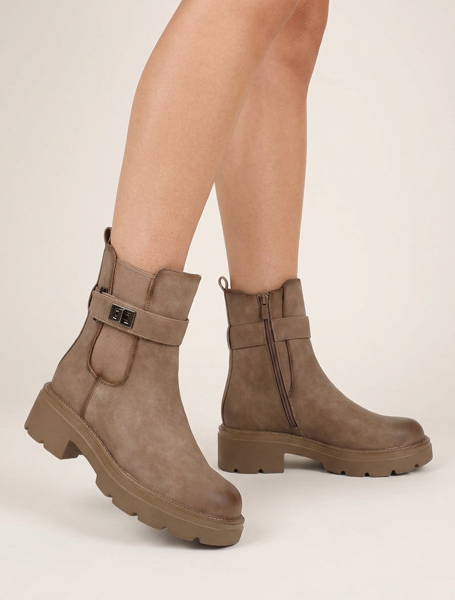 Bottines talon bloc à zip intérieur - Taupe