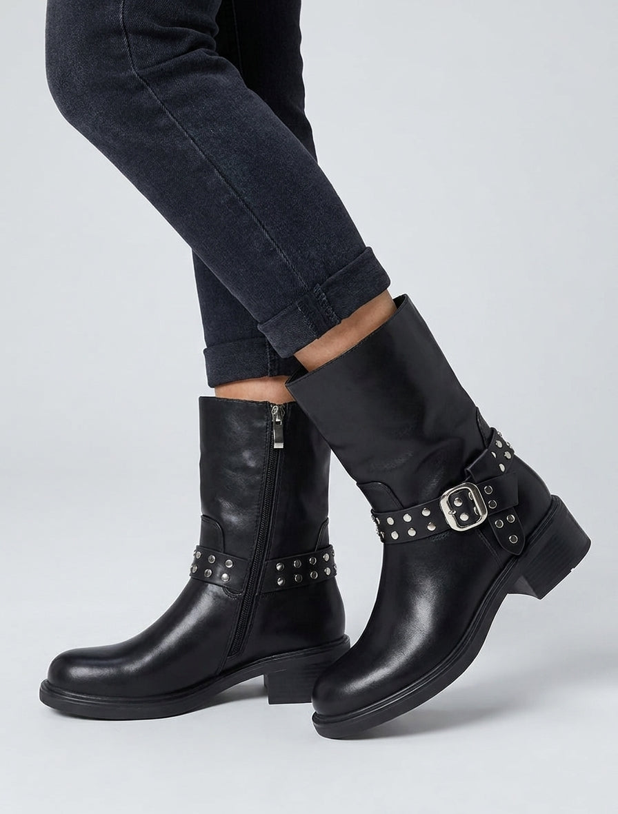 Bottines talon bloc à clous - Noir