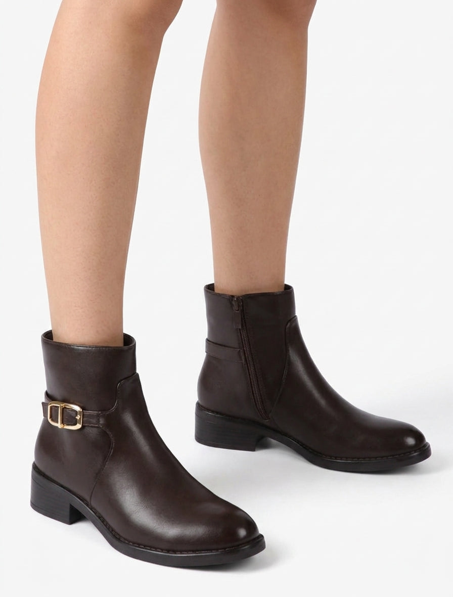 Bottines talon bloc à sangle boucle - Chocolat