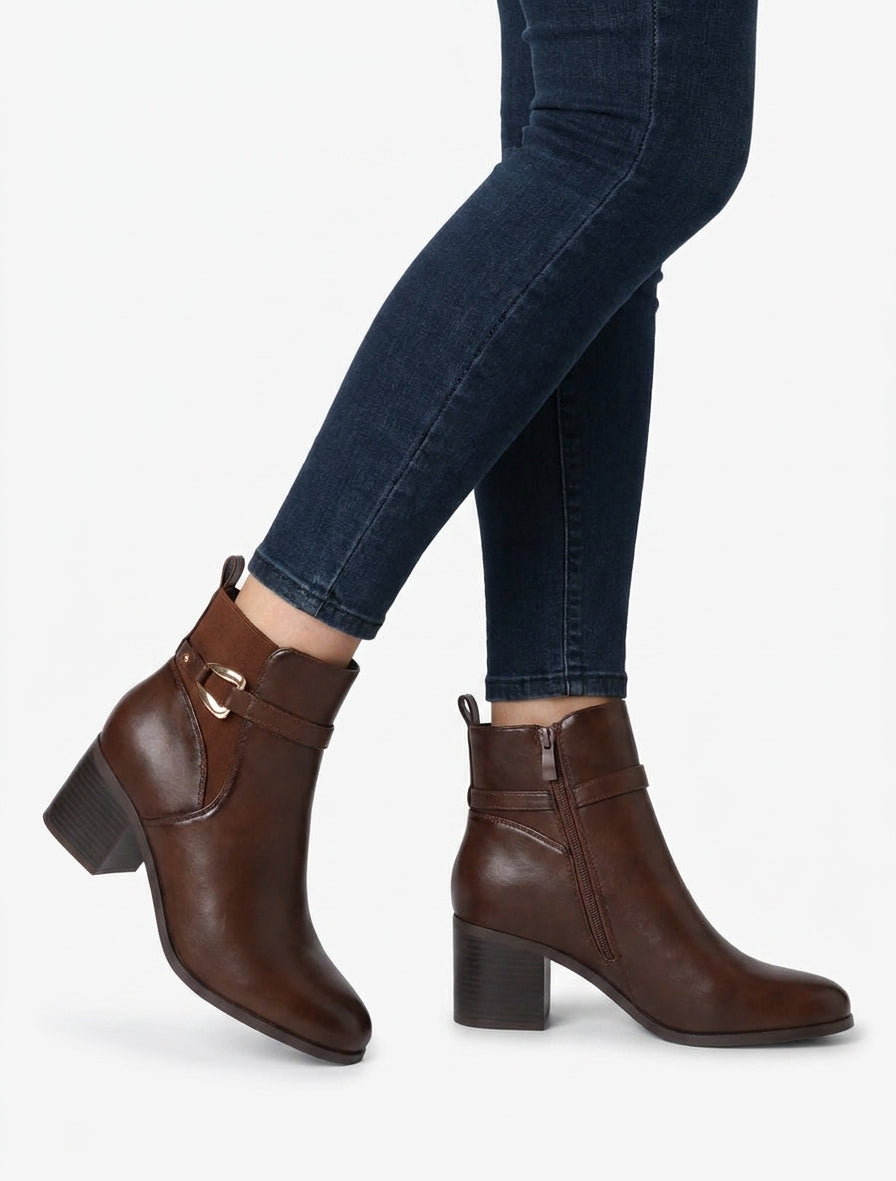 Bottines talon bloc à boucle - Marron