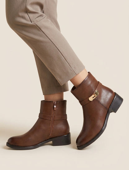 Bottines à talon bloc et zip - Camel
