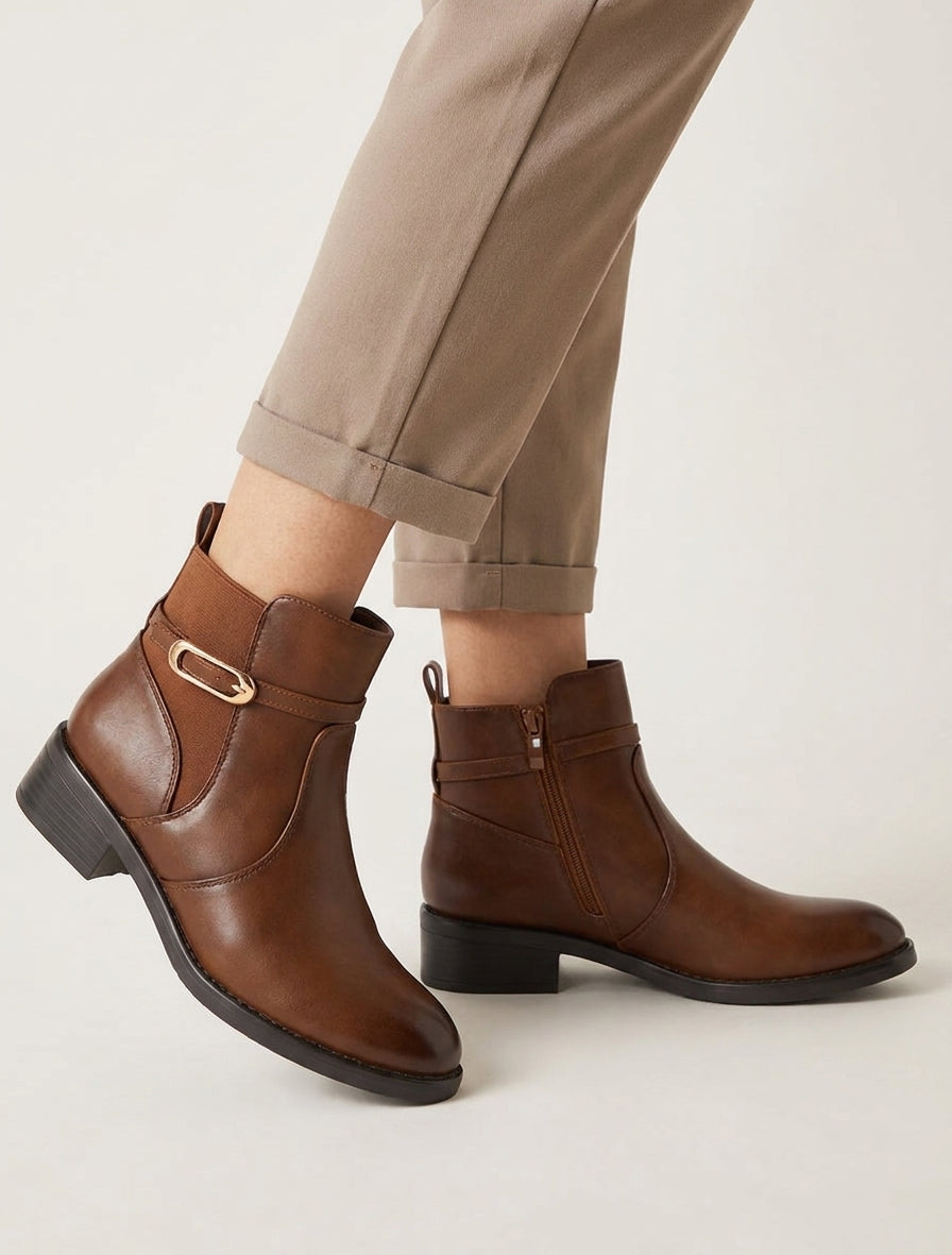 Bottines talon bloc à boucle décorative - Camel