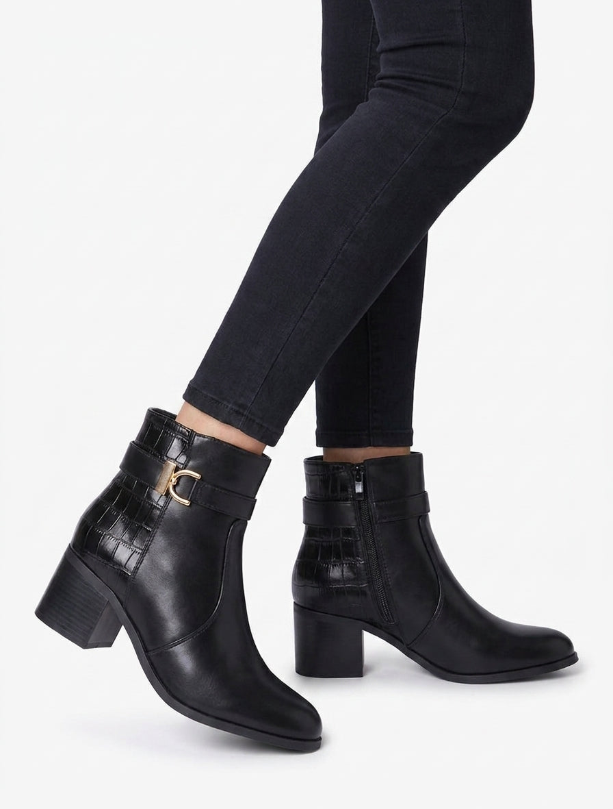 Bottines talon bloc effet croco - Noir
