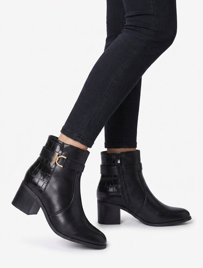 Bottines talon bloc effet croco - Noir