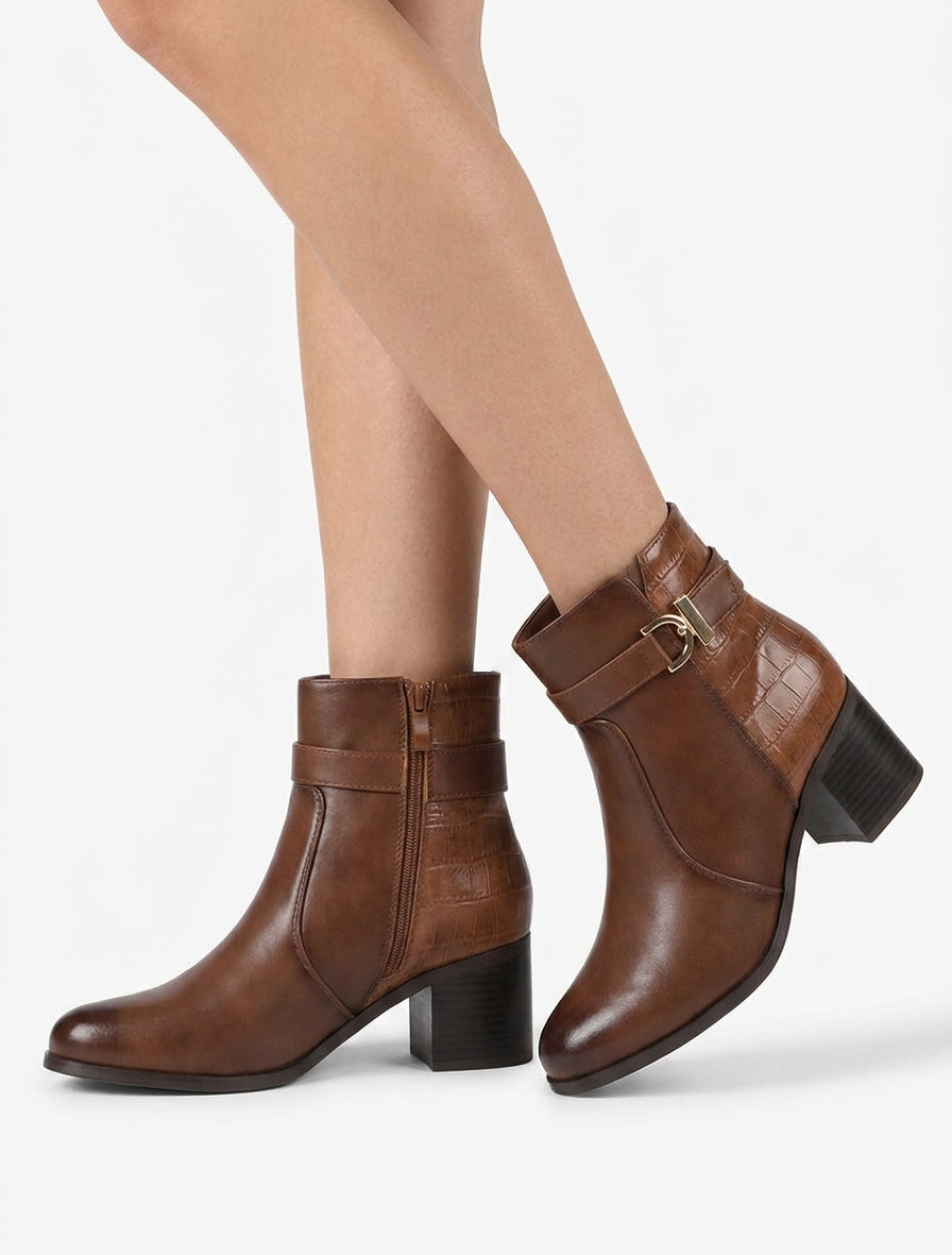 Bottines talon bloc effet croco - Camel