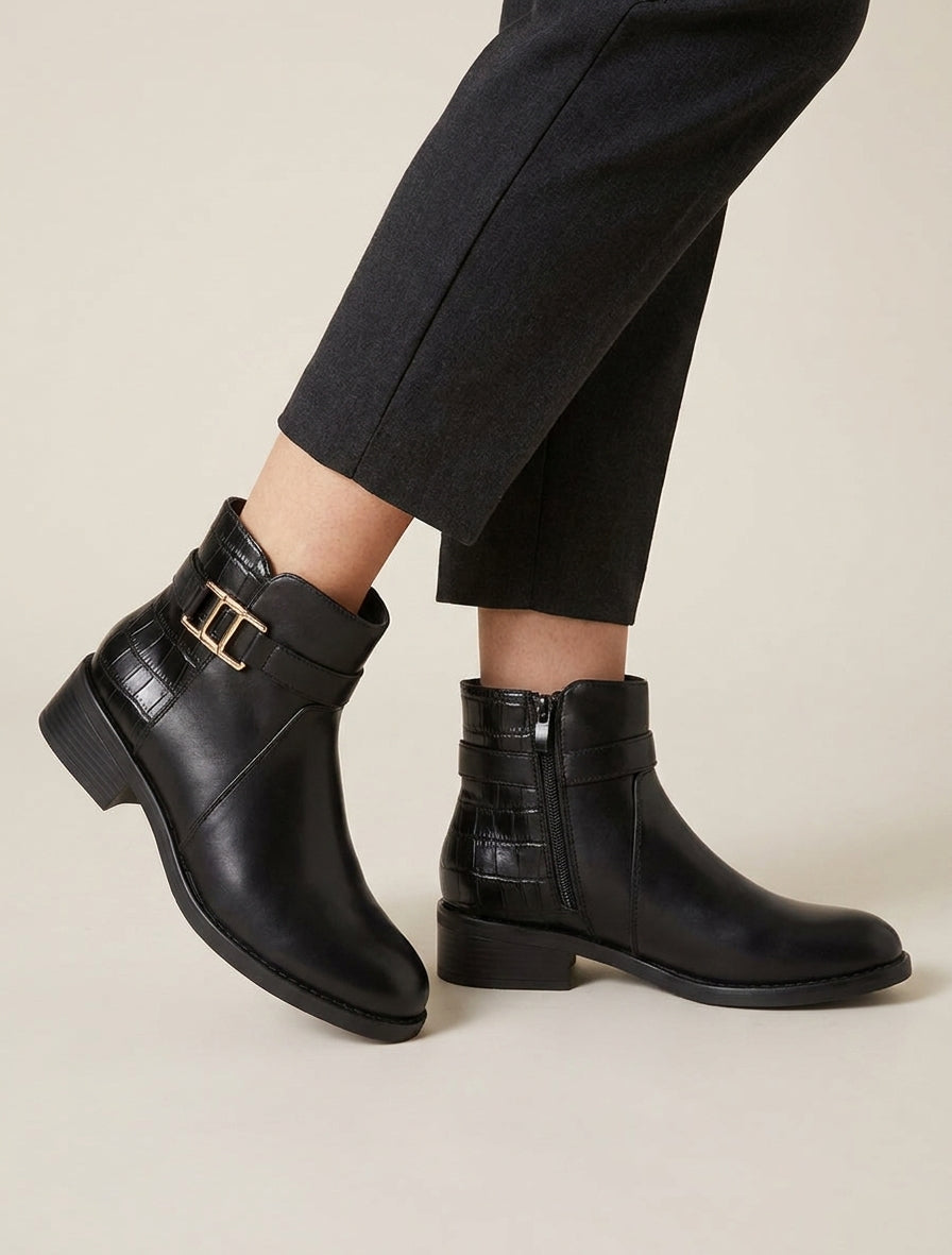 Bottines talon bloc effet croco - Noir