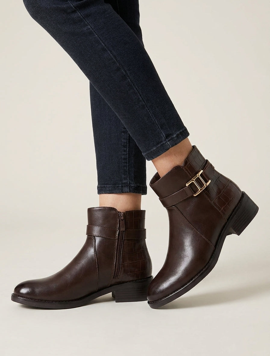 Bottines talon bloc effet croco - Marron