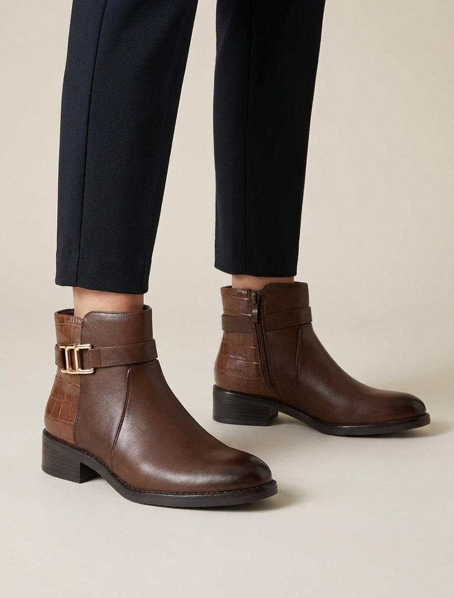 Bottines talon bloc effet croco - Chocolat