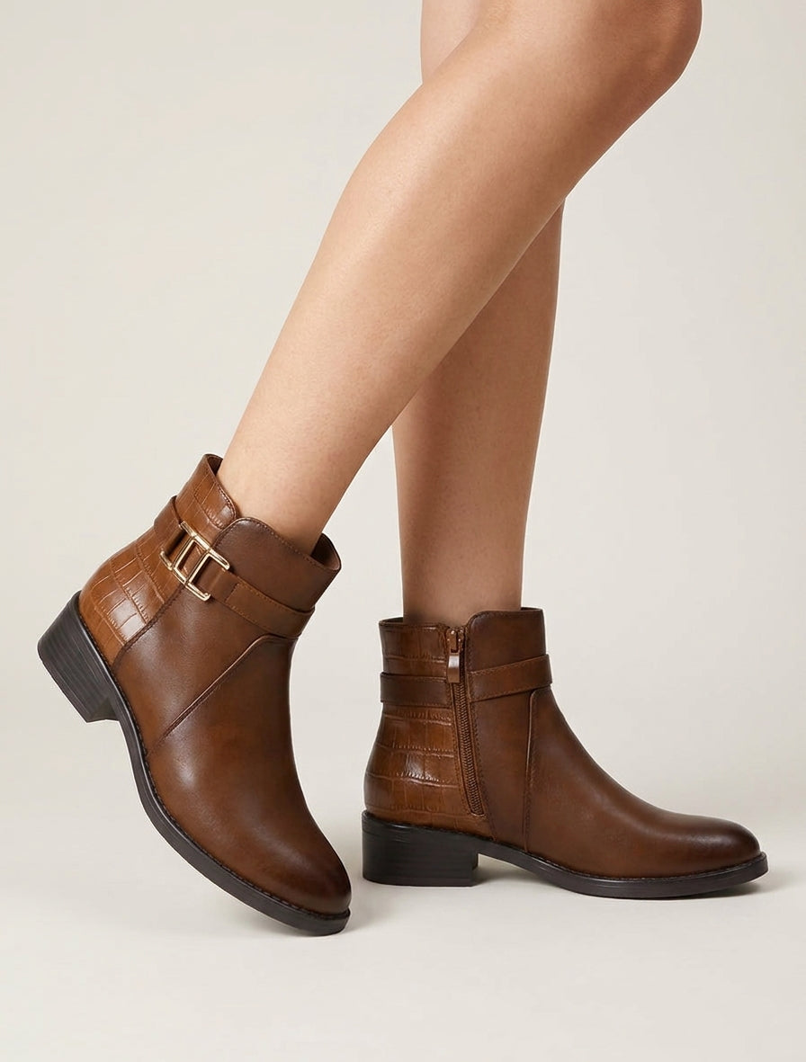 Bottines talon bloc effet croco - Camel