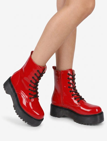 Bottines vernies à plateforme crantée - Rouge