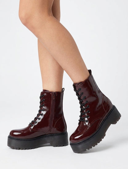 Bottines vernies à plateforme crantée - Bordeaux