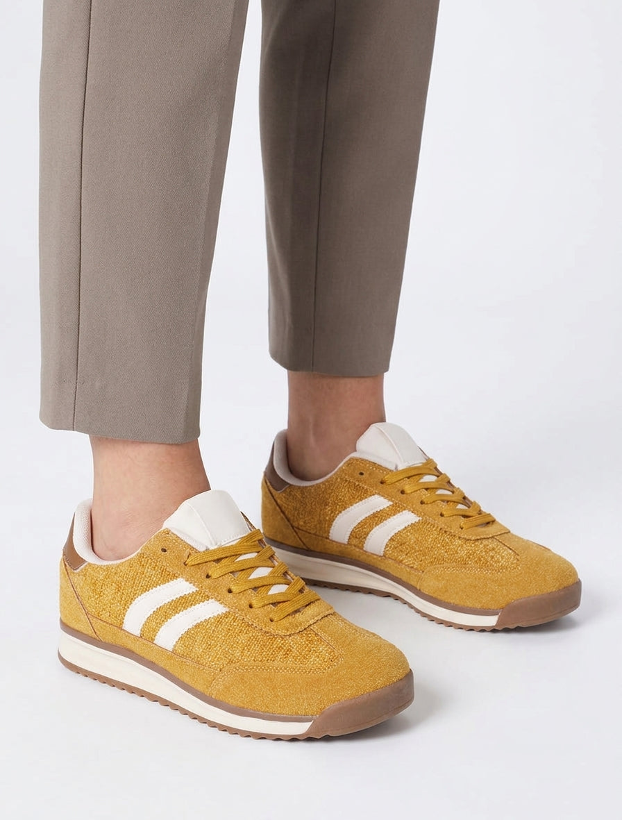 Sneakers tissu tweed semelle plate - Jaune moutarde