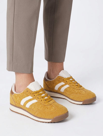 Sneakers tissu tweed semelle plate - Jaune moutarde