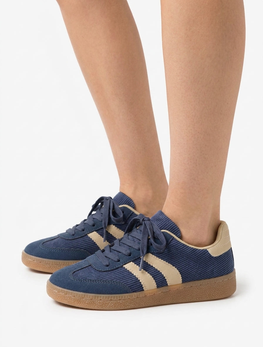 Sneakers en tissu côtelé à bouts nubuck - Bleu